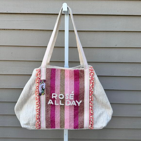 America and Beyond ROSE ALL DAY Tan Pink Large Tote Shoulder Beach Bag New - Picture 11 of 16